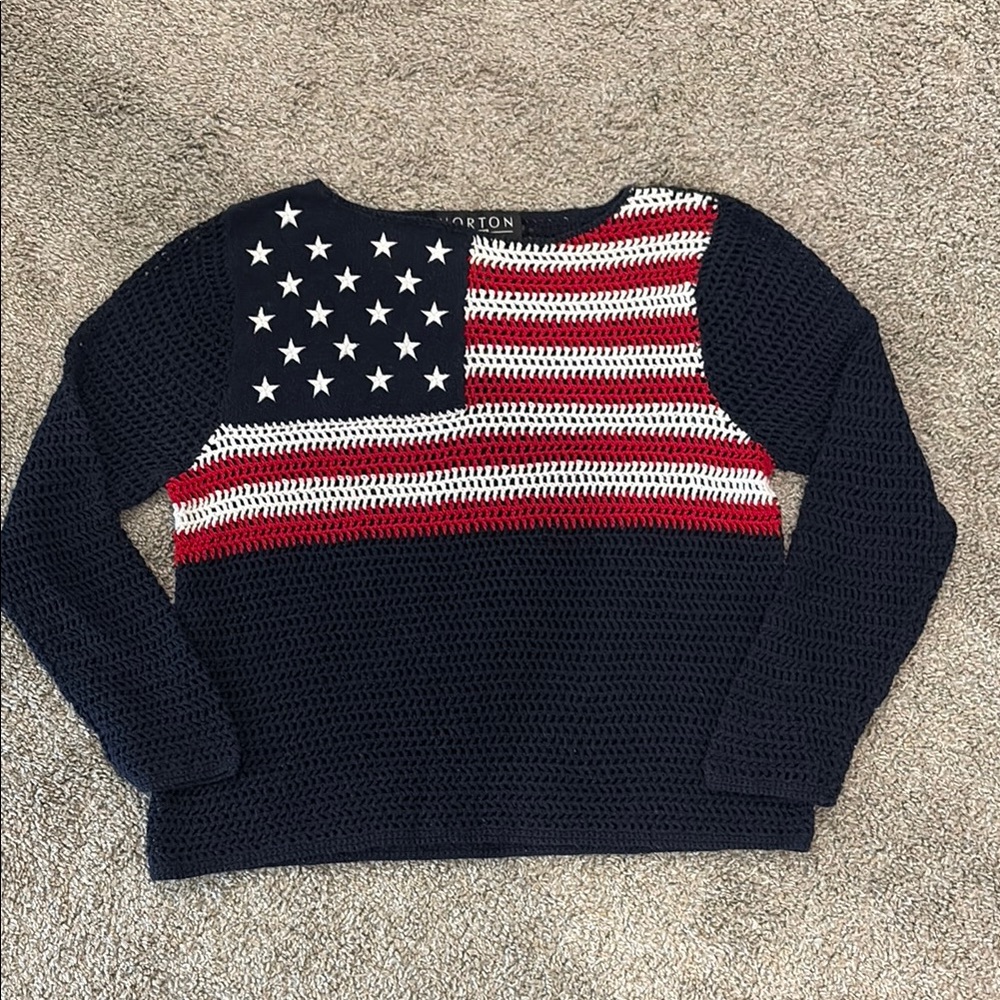 Blue and Red Crochet Crew Neck Sweater with Flag Design